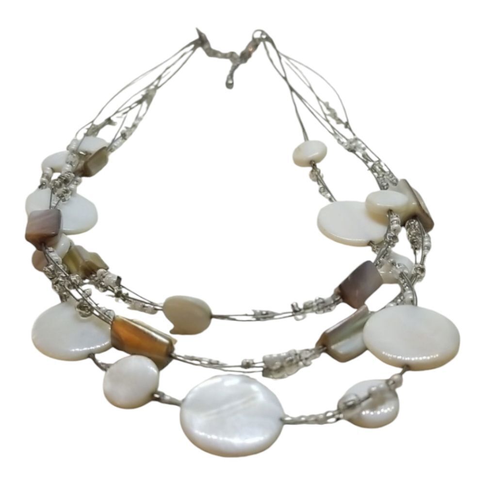 Avenue Necklace Coin Three Tier Wire Shell Coin Beads Silver Necklace